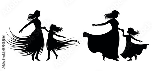 Mother and daughter dancing silhouette vector, graceful woman and child holding hands, elegant family figures with flowing dresses and hair