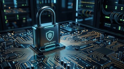 Digital security padlock on circuit board, futuristic technology concept for innovation, business, and digital transformation content, sleek composition, glowing accents, refined contrast, realistic