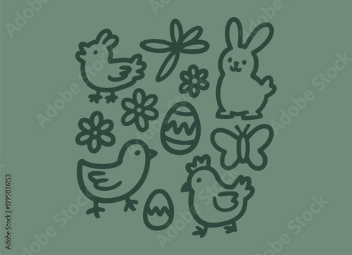 Simple hand drawn easter doodles with chicks bunny eggs flowers butterfly