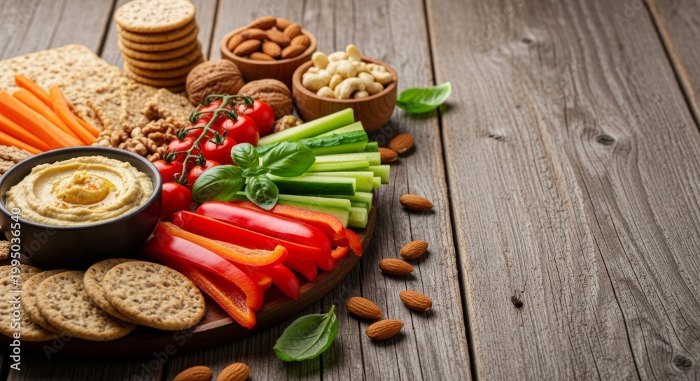 Fototapeta premium Healthy Snacks Platter with Hummus, Vegetables, Nuts and Crackers