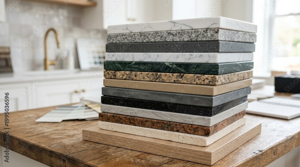 Fototapeta premium Stacked kitchen countertop samples showing diverse color shades, interior renovation and material selection concept for home design, architecture and remodeling marketing, practical layered display