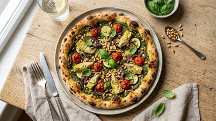 Healthy vegan pizza layered with rich vegetable pesto and sprinkled pine nuts shown from above, premium stock image, clean commercial composition, refined details, soft natural lighting, realistic