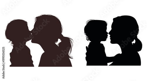 Mother and child silhouette vector set, loving mom kissing toddler profile graphics, black and brown parent and baby silhouettes on white background