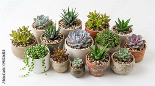 Vibrant Succulent Potted Plants Collection on White Background, premium stock image, clean marketable composition, refined details, soft natural lighting, realistic textures, balanced depth, polished
