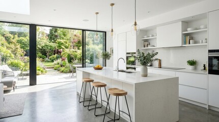Modern white kitchen with island and garden view, luxury residential interior for home decor, architecture, real estate and lifestyle themes, clean lines, bright daylight, elegant surfaces, fresh