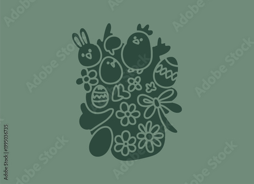 Densely arranged hand-drawn easter outlines with bunnies chicks eggs flowers