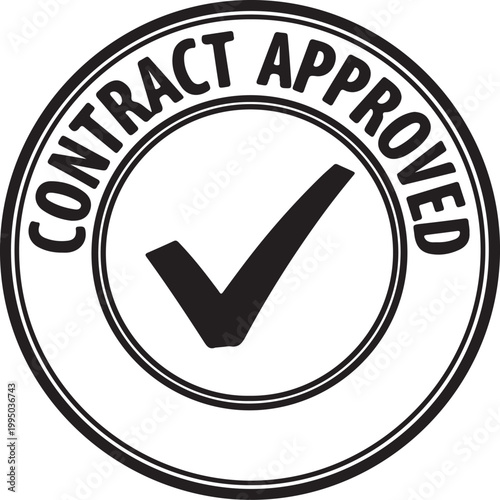 Black contract approved stamp with checkmark on white background