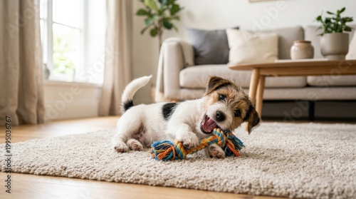 Joyful Jack Russell Terrier puppy playing on soft carpet in bright living room, premium stock image, clean marketable composition, refined details, soft natural lighting, realistic textures, balanced