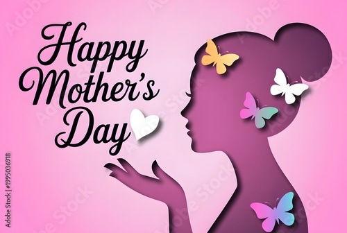 Happy Mother's Day greeting card, elegant woman silhouette with colorful butterflies, pink paper cut style background for spring celebration