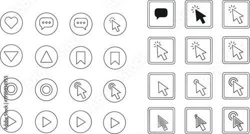 UI interaction icons set with cursor clicks, chat bubbles and media controls in minimal outline style