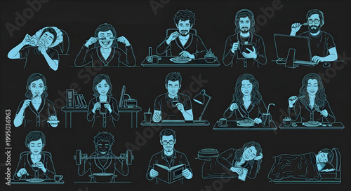 AutoCAD Daily Routine Lifestyle Vector Set – Eating, Fitness, Reading, Sleeping, Multiview Clear Face Blueprint Cyan Outline on Black Background