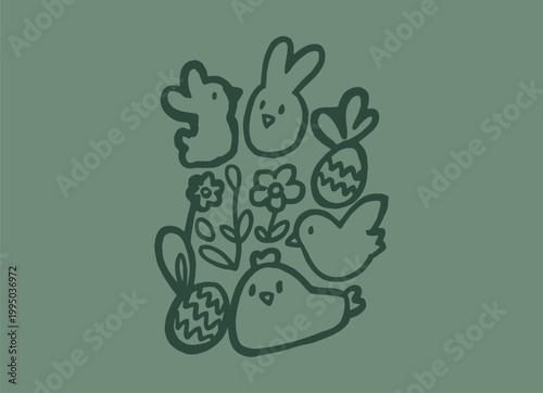 Hand drawn style outline illustration of cute bunnies chicks eggs flowers
