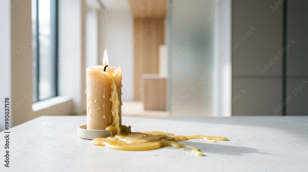 © Viacheslav - Natural light casting shadows from a candle continuously dripping wax on a bright surface, modern abstract background, commercial backdrop, balanced composition, soft light, realistic detail, crisp