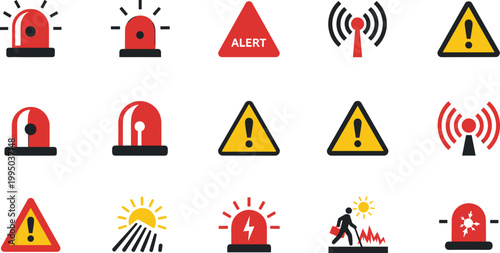 Warning and alert icons set with sirens, hazard signs and emergency signals in flat style for safety, security and risk notification design