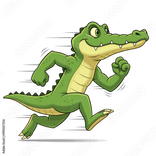 A cartoon crocodile is running quickly on land with motion blur.