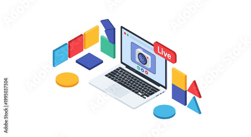 Isometric 3D Laptop Illustration with Live Streaming Interface and Colorful Geometric Elements for Video Content Creation and Online Webinars