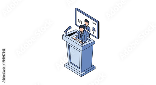 Isometric Businessman Giving a Public Speech at a Podium with Digital Screen for Hybrid Conference