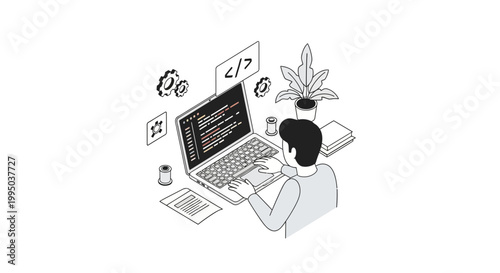 Isometric Software Developer Coding on Laptop, Minimalist Vector Illustration for Programming and Web Development Concepts