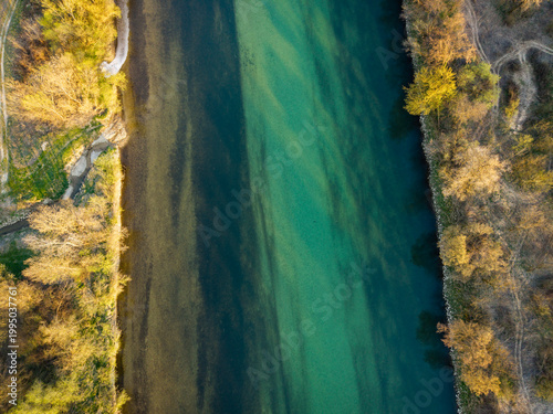 Bild auf Leinwand Aerial view of Sava river passing under the highway bridge near the town of Zapr