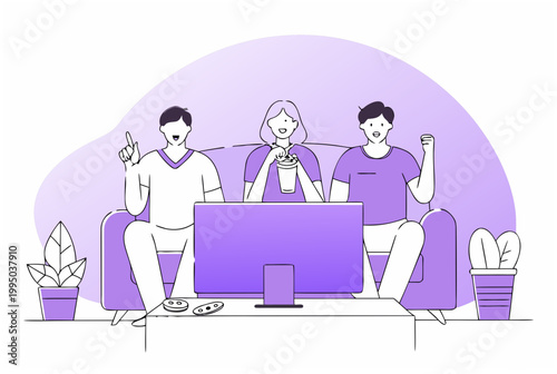 Two men and one woman watch tv together on sofa at home. Everyday fan experience concept. Modern outline vector illustration