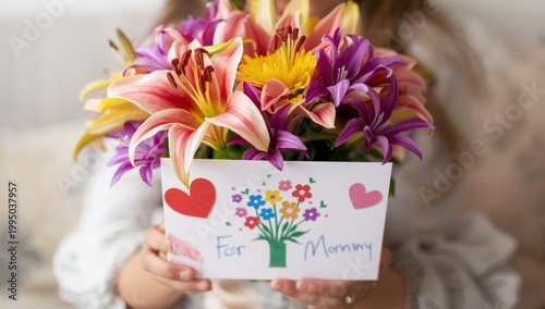 Hand holding colorful flower bouquet with For Mommy card colorful flowers pink