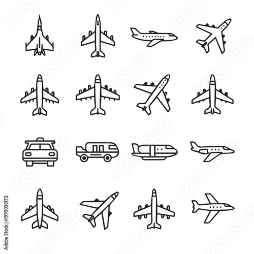 Collection of various airplane and transport icons in a clean line art style