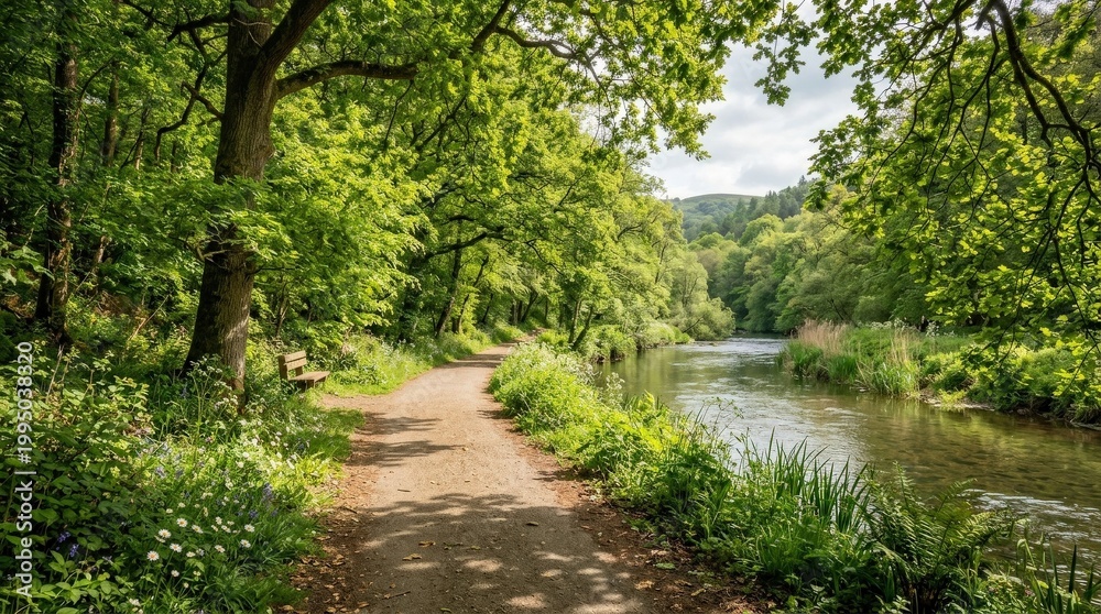 Fototapeta premium Serene riverside path with sunlight through trees in a lush green landscape, inviting walkway, fresh foliage, dappled light, peaceful outdoor escape, relaxing nature setting, leafy summer calm, clean