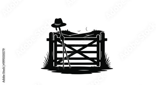 black silhouette farm gate with hat and pitchfork