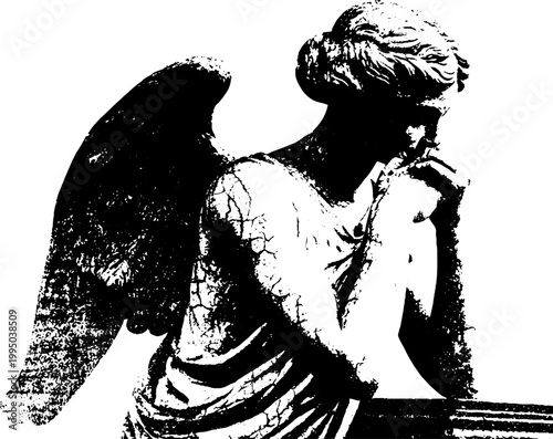 High-contrast black and white praying angel statue with cracked surface for solemn background or memorial poster design