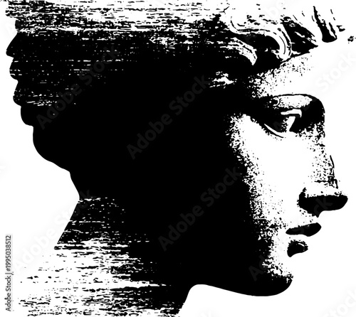 High contrast black and white distressed angel statue head ink drawing with glitch streaks for poster and background design