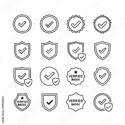 Collection of Verified Icons and Badges with Checkmarks Against White Background