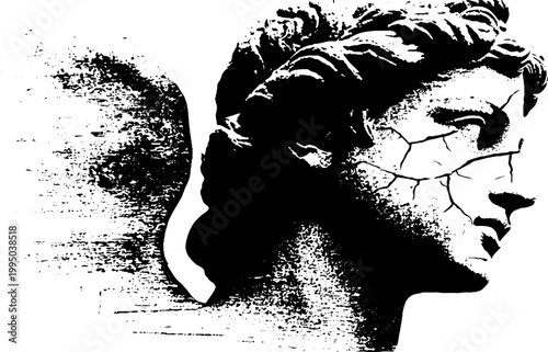 High-contrast black and white cracked angel statue face closeup for dramatic background poster or texture design