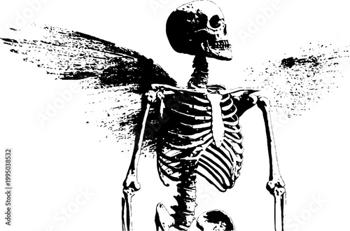 High contrast black and white skeletal angel standing with spread wings for gothic poster or album cover background