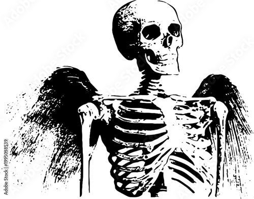 Standing skeleton angel with wings in high contrast black and white for poster, t-shirt and gothic design