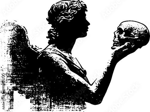 High-contrast black and white angel holding skull ink silhouette for background and design elements with gothic grunge texture for poster and banner use