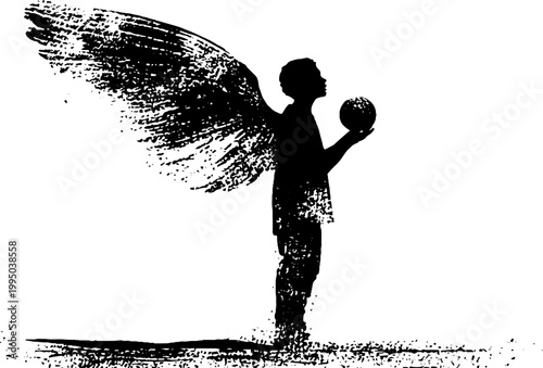 Black and white angel silhouette holding an orb with textured wings for gothic banner and poster background design
