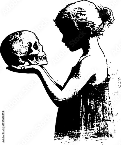 High contrast black and white silhouette of a girl angel holding a skull for gothic poster background and graphic design
