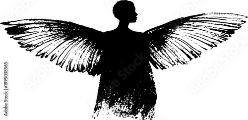 Minimal black and white angel silhouette with wide textured wings for minimalist background poster and modern design