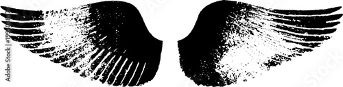Black and white high-contrast angel wings ink silhouette with distressed texture for background and design elements suitable for banner and poster layouts