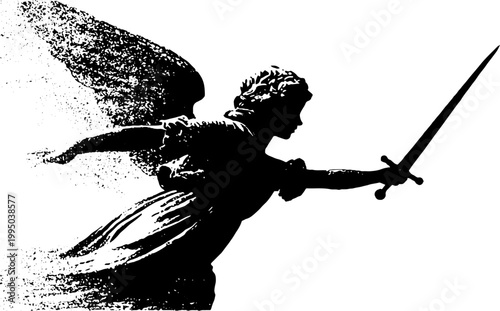 Black and white high contrast angel descending with sword silhouette for dramatic poster background banner and action design