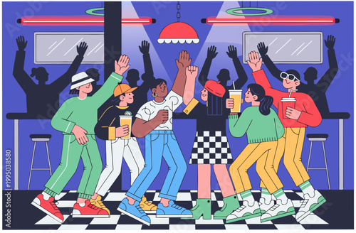 Group of diverse young men and women cheering and dancing at a bar or club, community social gathering concept. Vector illustration for banner, poster.