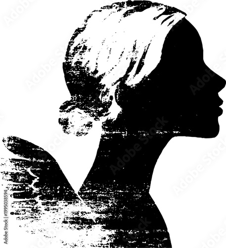 Angel silhouette bust with wing high contrast black and white ink illustration for minimalist background and wall decor design