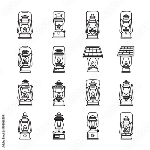 Collection of vintage kerosene lanterns and solar powered lamps on white background