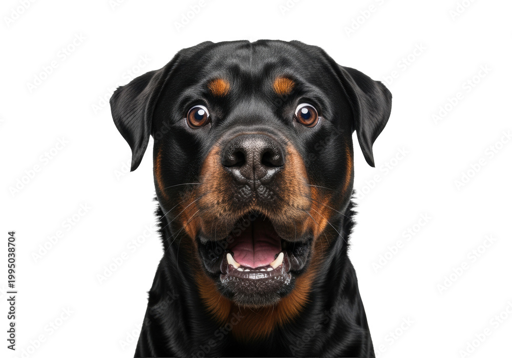 Fototapeta premium adult purebred rottweiler dog, jet black and mahogany tan, extreme close-up on the startled face, wide eyes and open mouth, isolated on transparent studio background. concept for humorous pet
