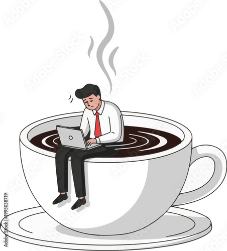 Employee sitting inside a large coffee cup, overwork concept