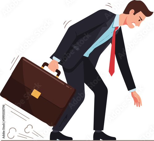 Businessman carrying heavy briefcase dragging on floor
