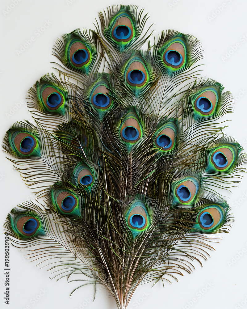 Fototapeta premium Several long peacock feathers are gracefully arranged, each feather displaying a distinctive iridescent eye-shaped pattern.