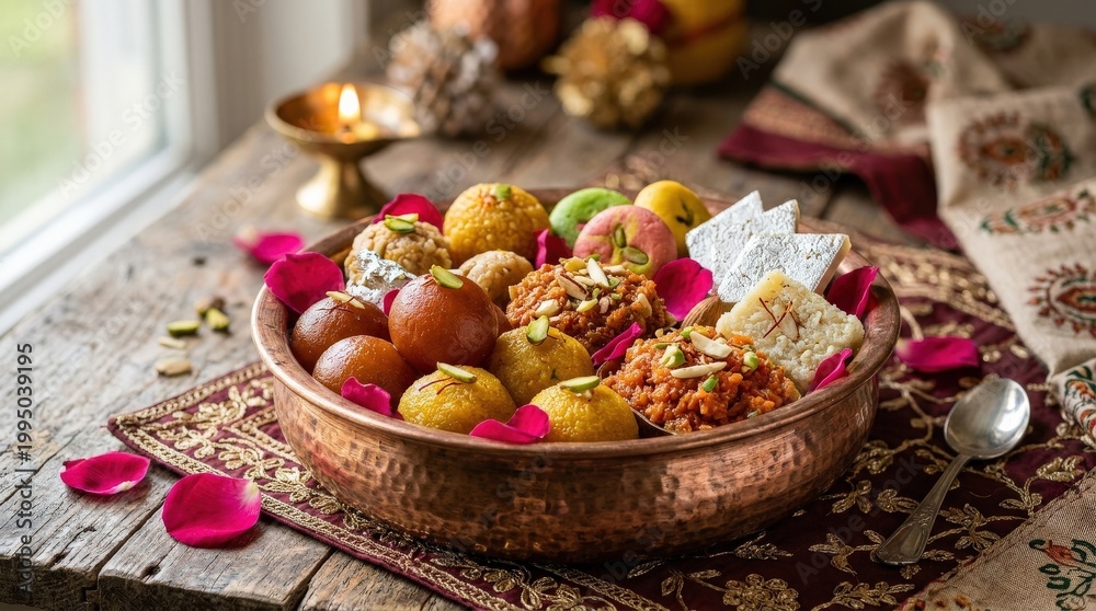 Fototapeta premium Delicious Indian sweets in a copper bowl with rose petals, festive dessert still life rich in detail, commercial stock appeal, balanced composition, soft natural light, realistic texture, crisp focus,