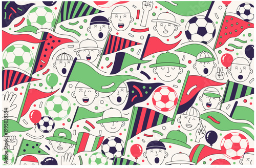 Excited soccer fan faces, flags, balloons, footballs, and confetti seamless pattern. Supporters energy concept for background, banner. Vector illustration