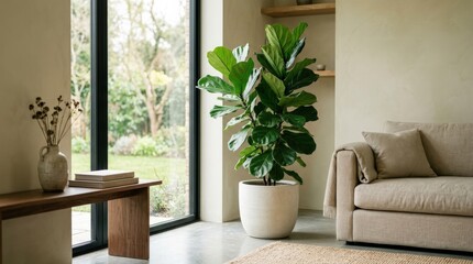 Lush green plant in a modern minimalist interior with natural light, lifestyle setting, soft natural light, refined materials, realistic texture, calm premium atmosphere, clean composition, crisp